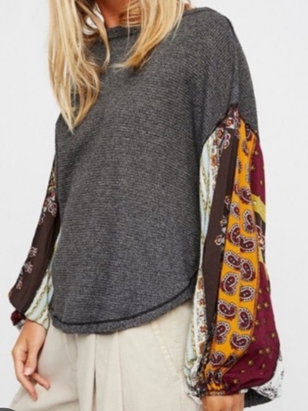 Free People We The Free XS Gray Mixed Print Balloon Sleeve Oversized Top